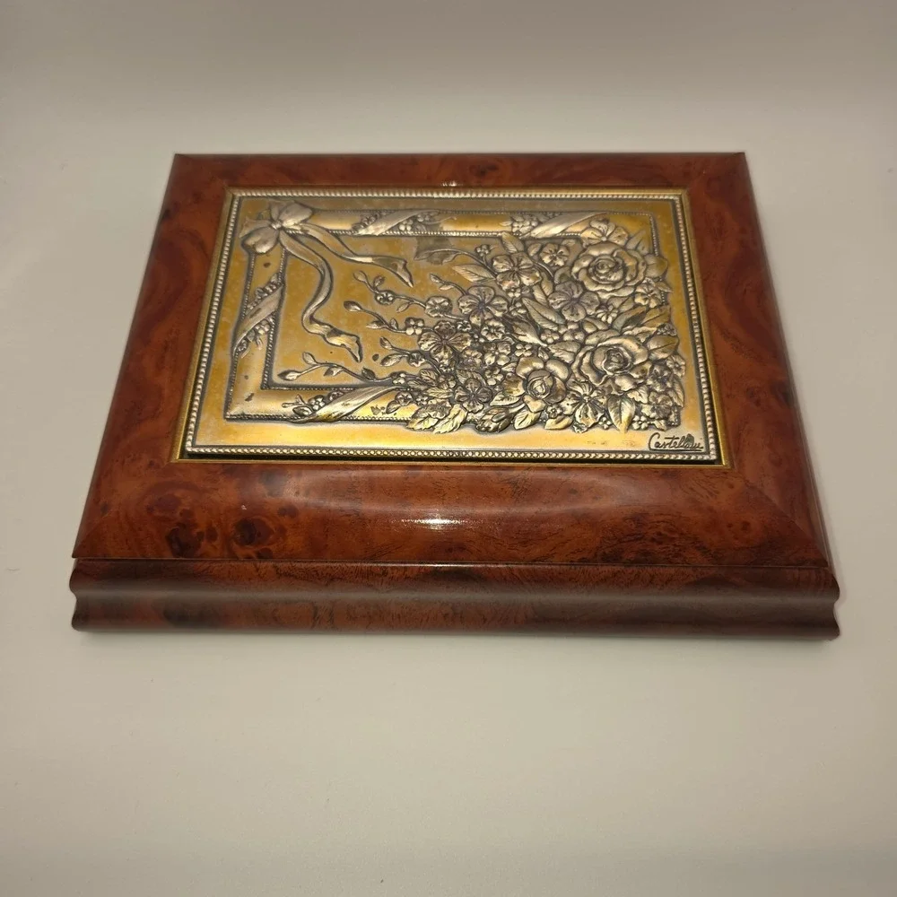 Acca Italy Burl Wood Jewelry Box Castellani Floral Sterling Silver 925 Plate